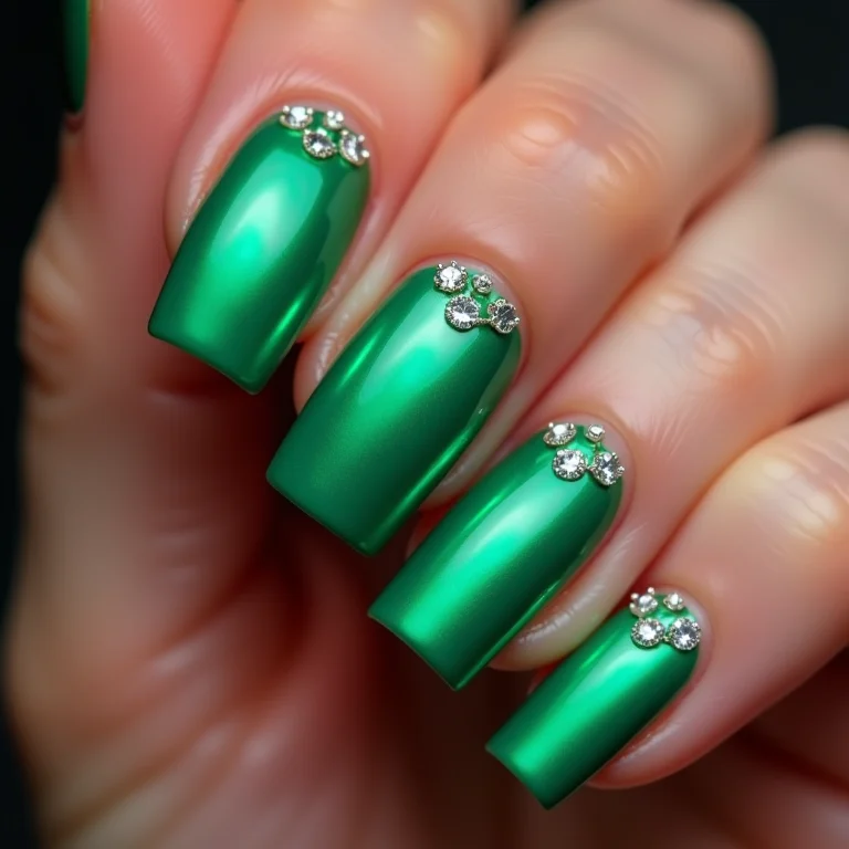 Unhas verde esmeralda com pedrarias