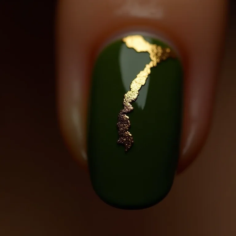 Unhas verde militar com detalhes dourados