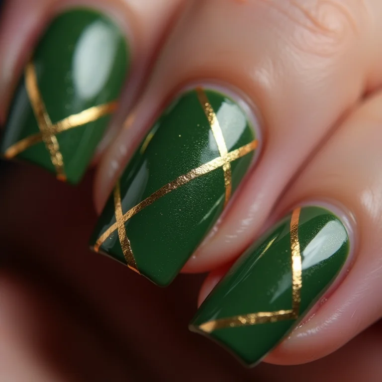 Unhas verde militar com detalhes geométricos dourados