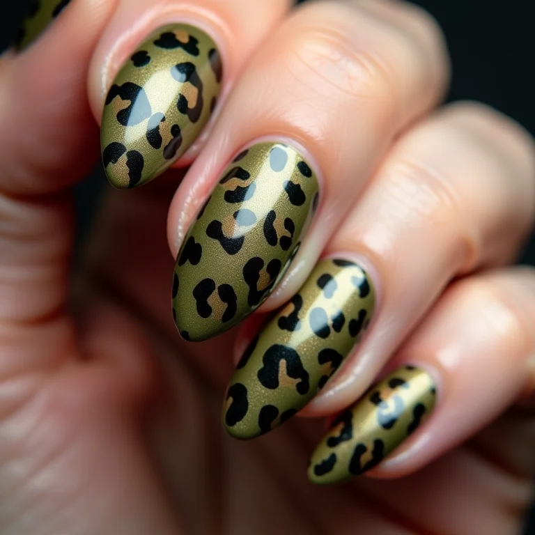 Unhas verde militar com estampa de leopardo