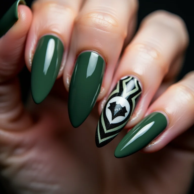Unhas verde militar com nail art geométrica