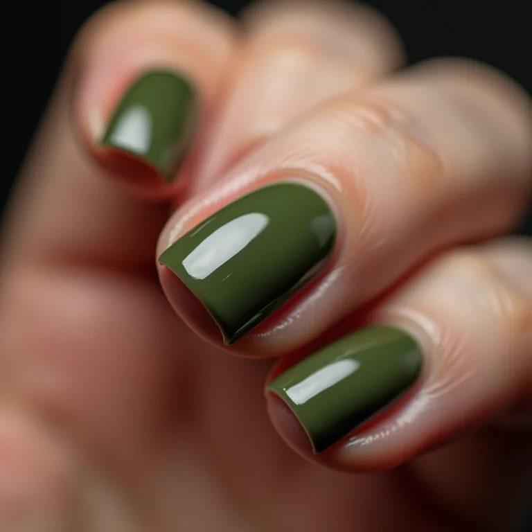 Unhas verde militar impecáveis com cutículas hidratadas