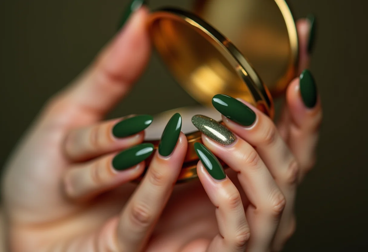 Unhas verde militar segurando espelho dourado