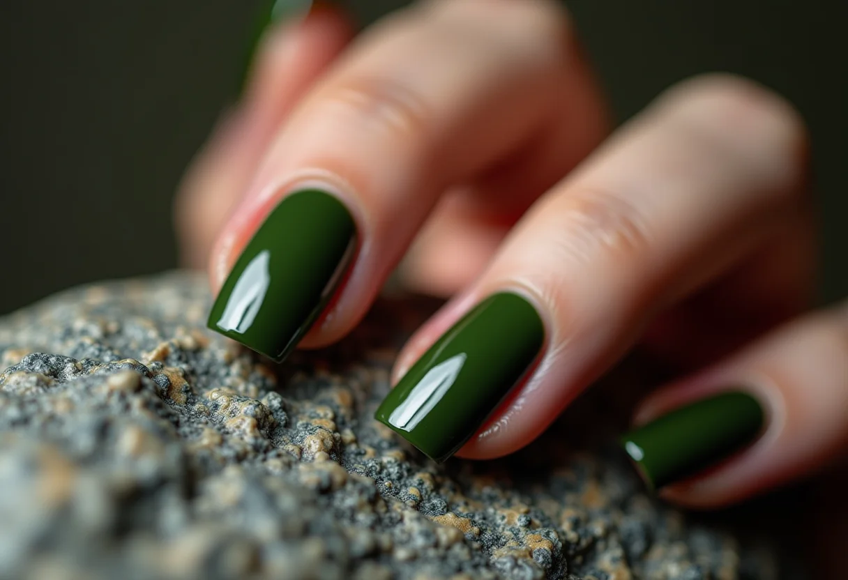 Unhas verde militar tocando pedra bruta