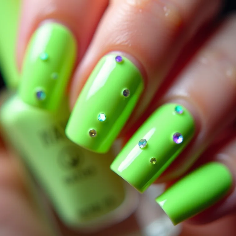 Unhas verde neon com pedrarias iridescentes