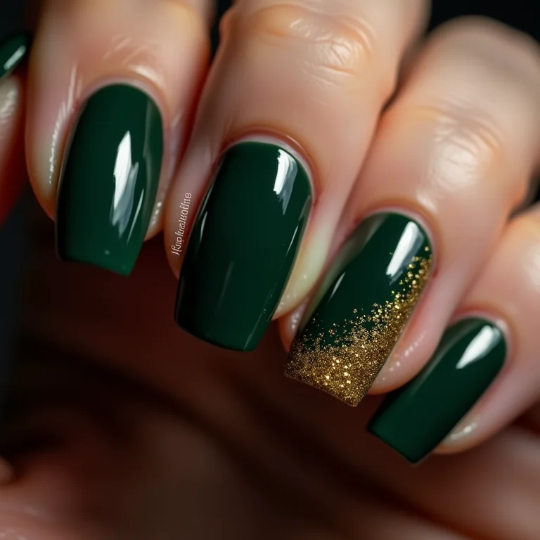 Unhas verdes com glitter dourado