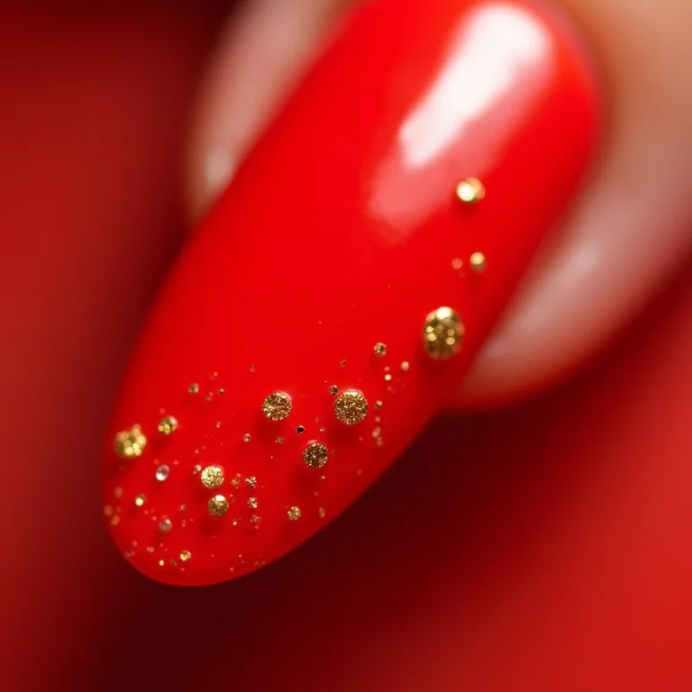 Unhas vermelhas amendoadas com detalhes em glitter dourado