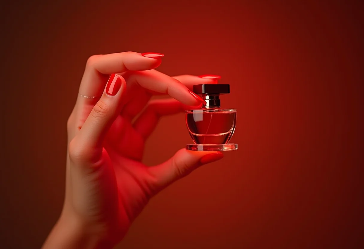 Unhas vermelhas brilhantes segurando frasco de perfume