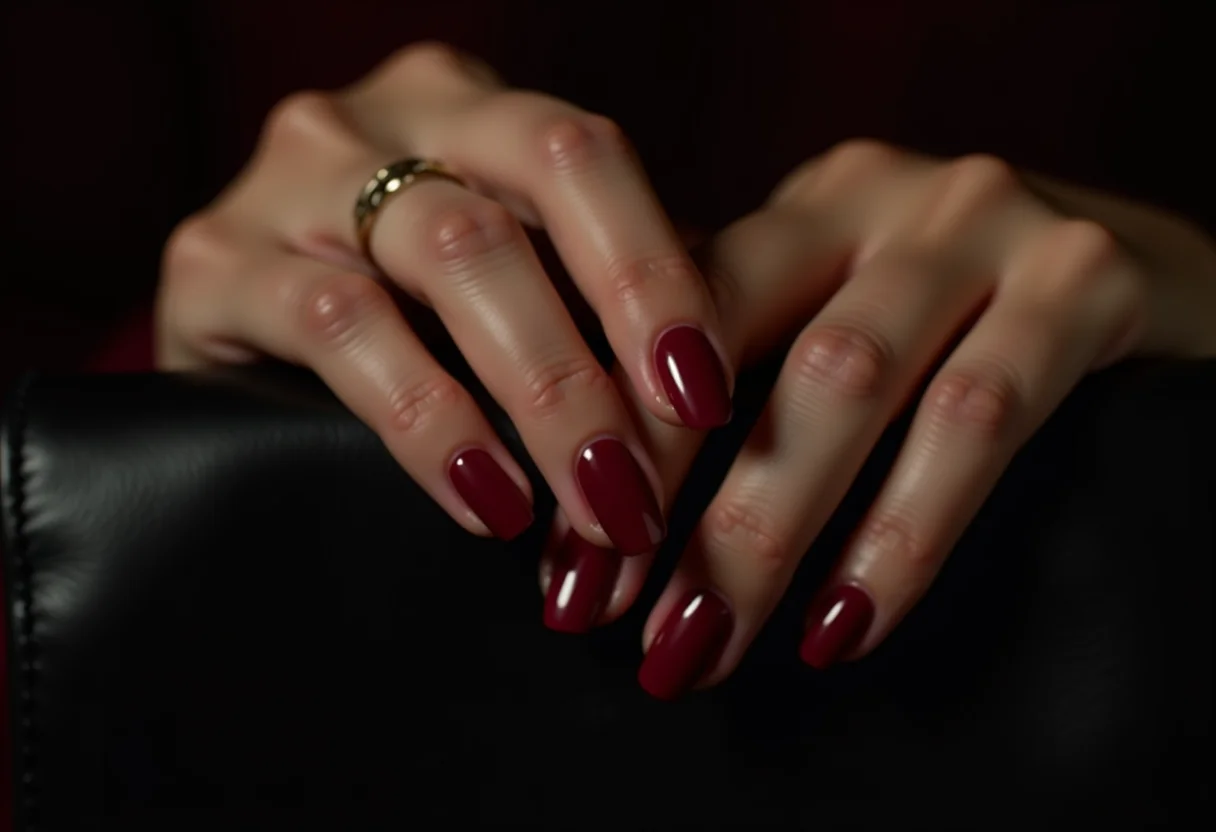 Unhas vermelhas cereja segurando clutch de couro preta