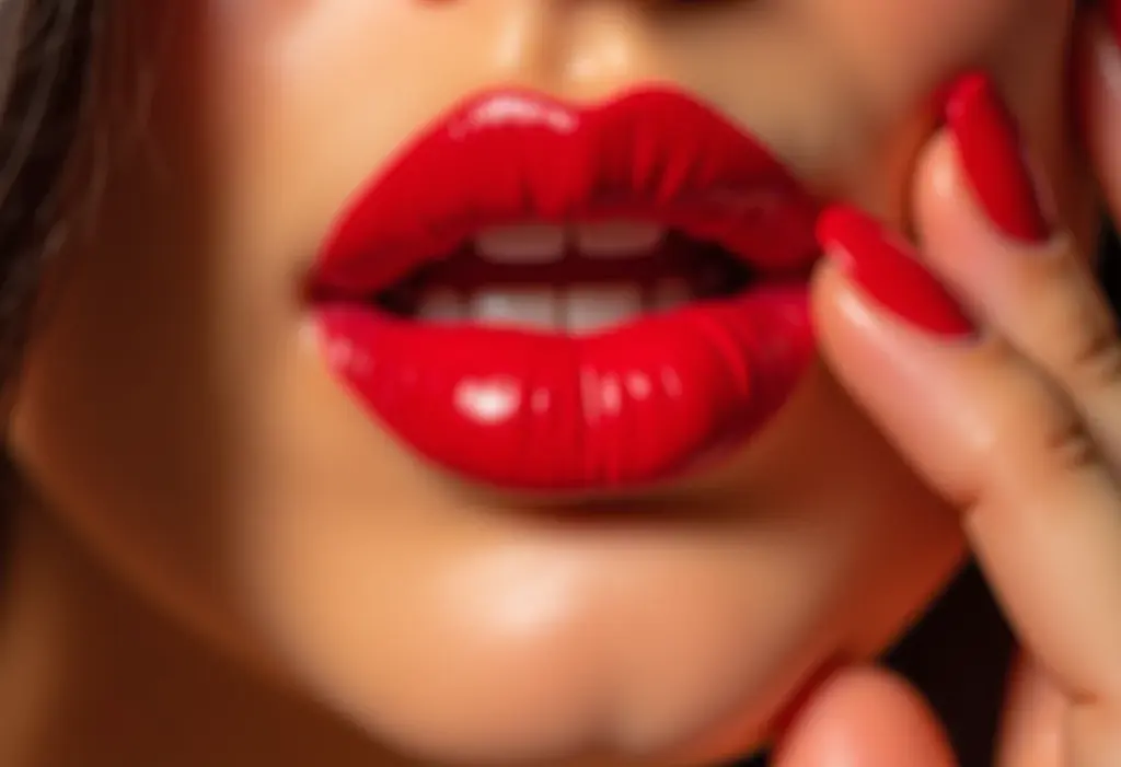 Unhas vermelhas cereja tocando o queixo