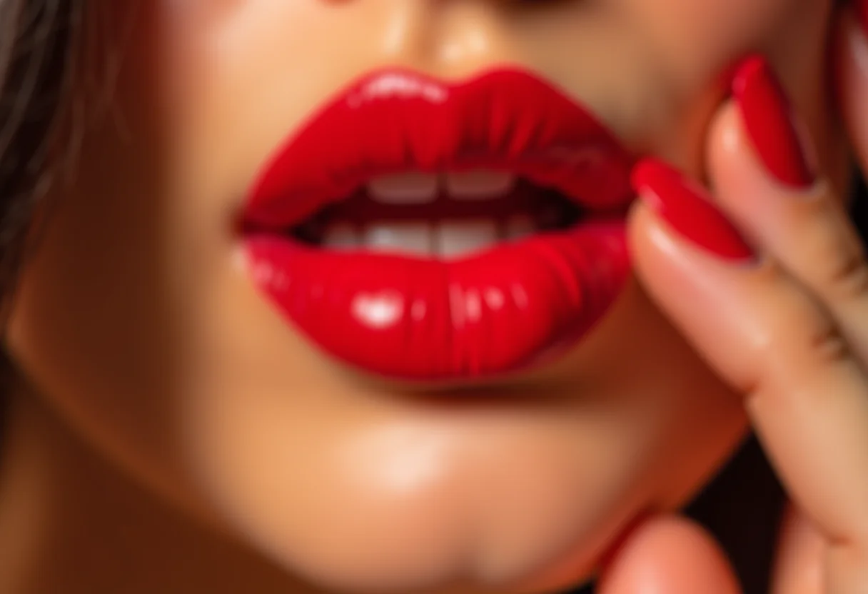 Unhas vermelhas cereja tocando o queixo