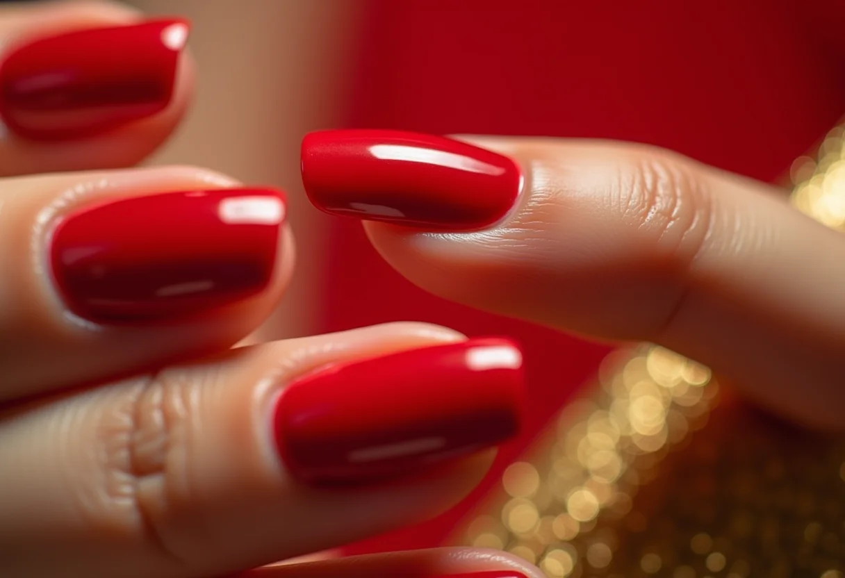 Unhas vermelhas clássicas segurando clutch dourada