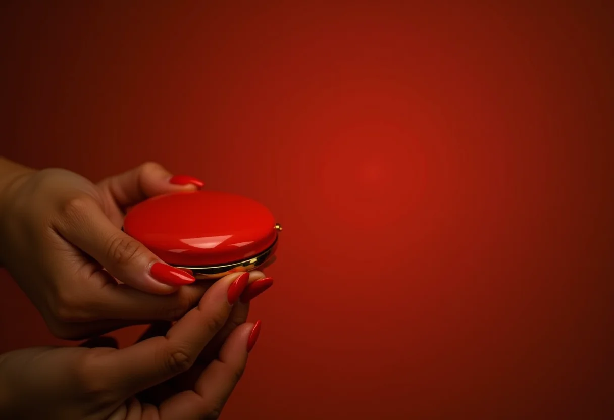 Unhas vermelhas clássicas segurando espelho compacto dourado