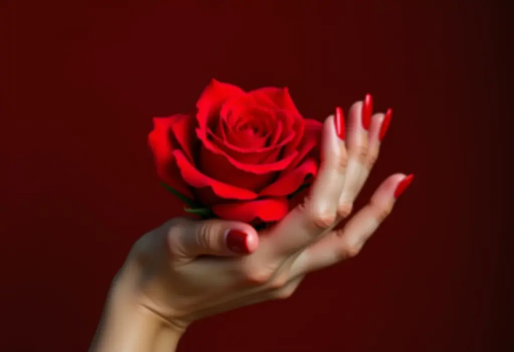 Unhas vermelhas clássicas segurando uma rosa vermelha