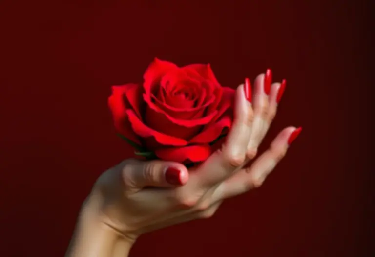 Unhas vermelhas clássicas segurando uma rosa vermelha