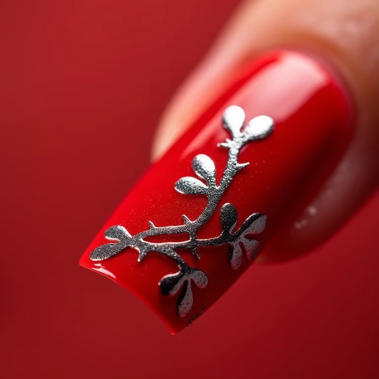 Unhas vermelhas com adesivos prata