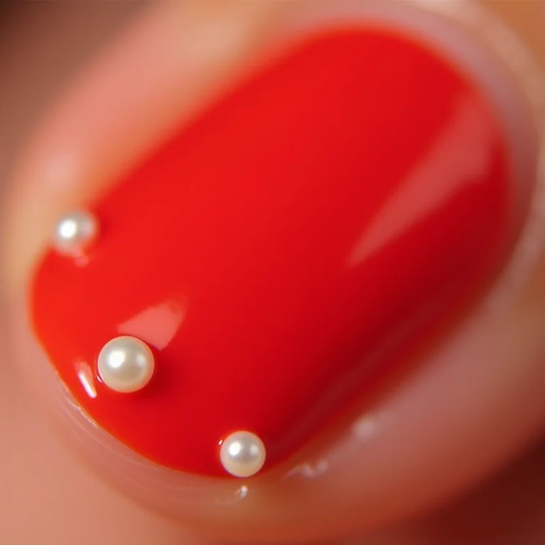 Unhas vermelhas com aplicação de pérolas