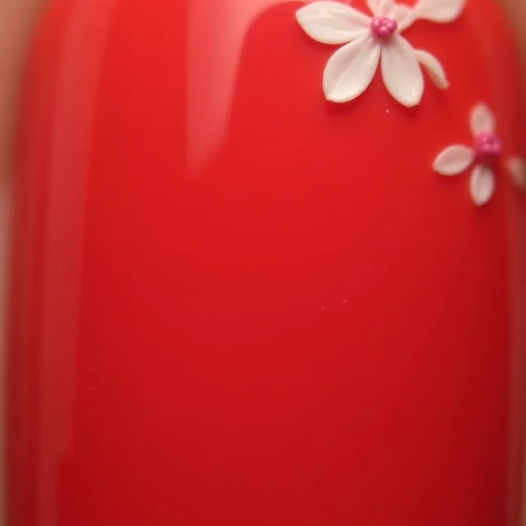 Unhas vermelhas com desenhos florais brancos