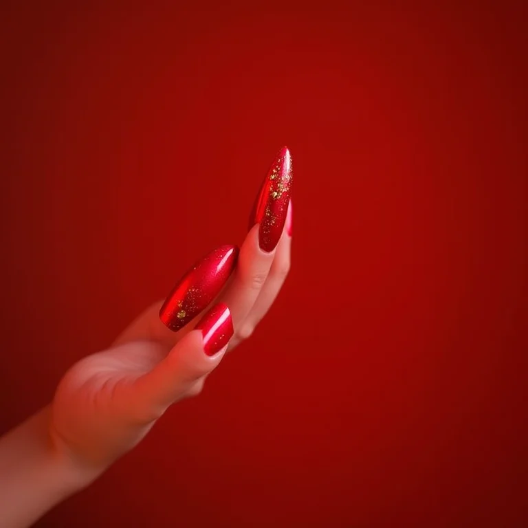 Unhas vermelhas com detalhes em folha de ouro