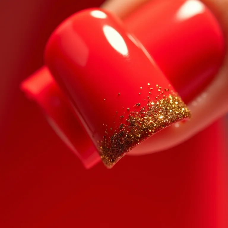 Unhas vermelhas com glitter dourado