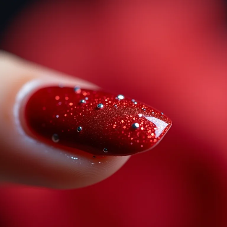 Unhas vermelhas com glitter prata em close extremo