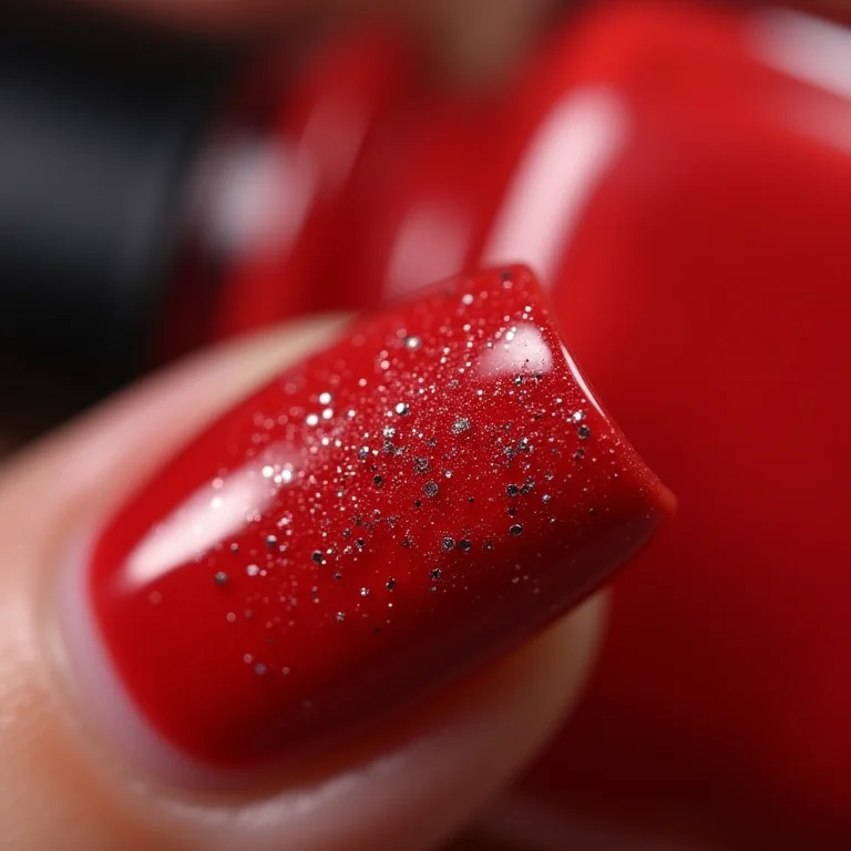 Unhas vermelhas com glitter prateado