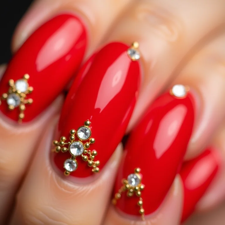 Unhas vermelhas com pedrarias e strass dourados