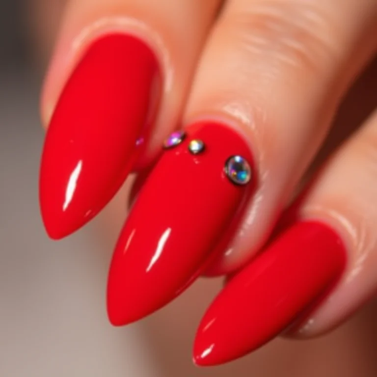 Unhas vermelhas com pedrarias iridescentes