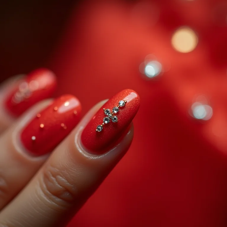 Unhas vermelhas com pedrarias sutis