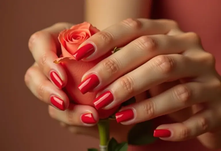 Unhas vermelhas delicadas segurando rosa branca