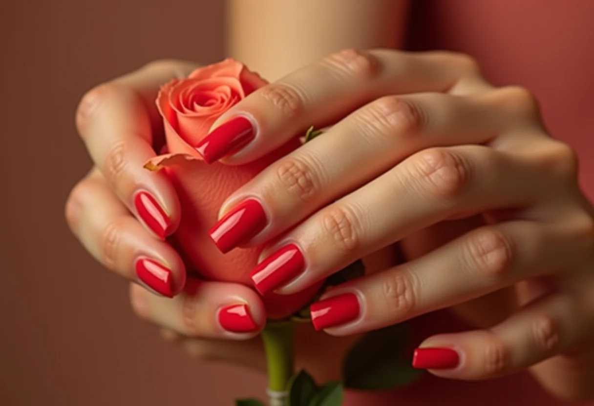 Unhas vermelhas delicadas segurando rosa branca