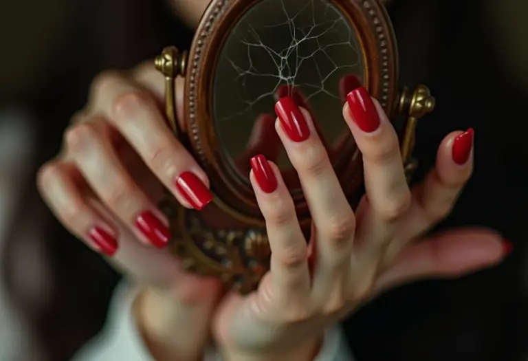 Unhas vermelhas descascadas segurando espelho rachado