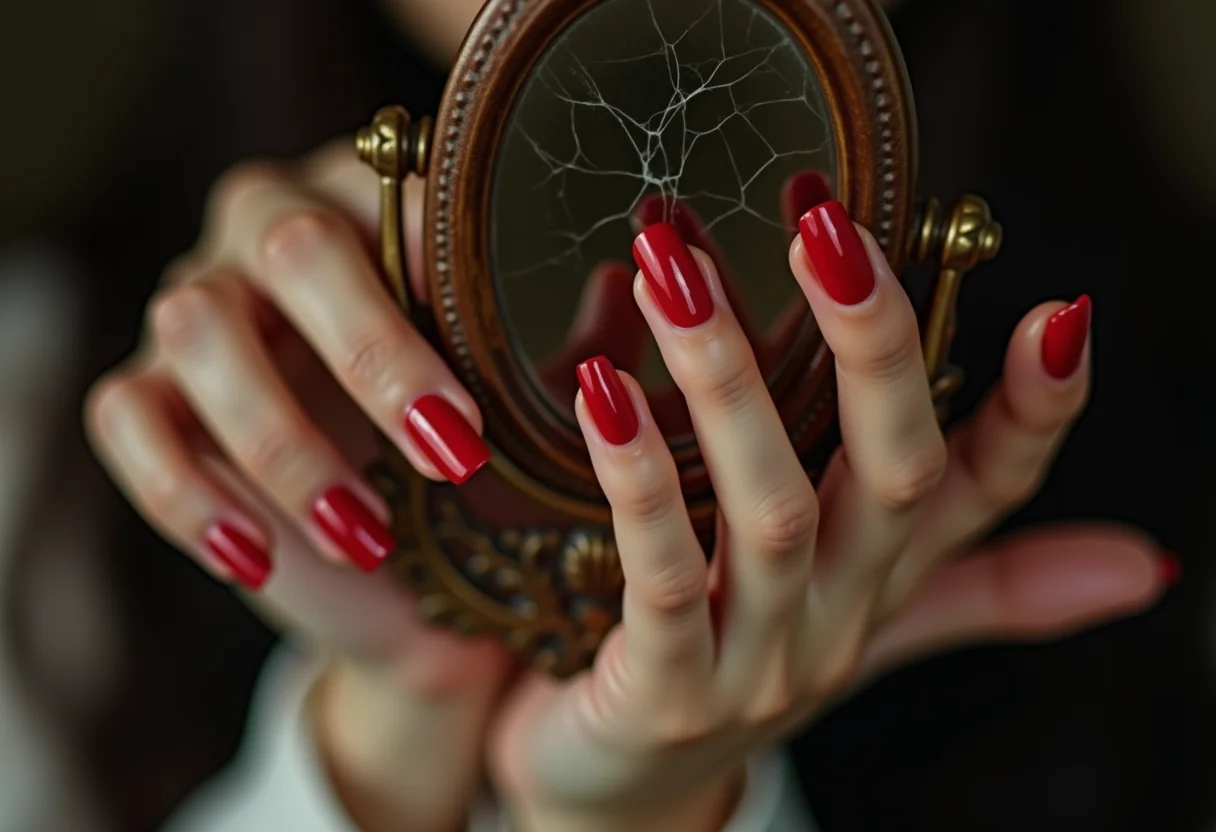 Unhas vermelhas descascadas segurando espelho rachado