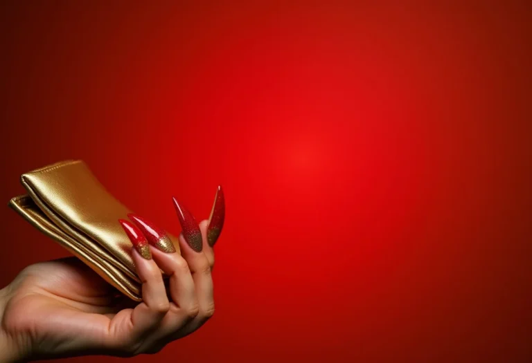 Unhas vermelhas e douradas com glitter segurando clutch dourada