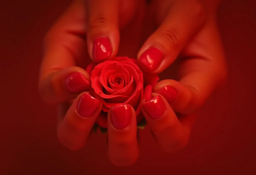 Unhas decoradas de vermelho: 5 truques para durar mais Unhas vermelhas estileto segurando rosa vermelha