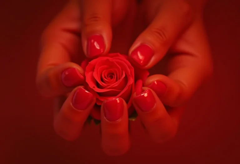 Unhas vermelhas estileto segurando rosa vermelha