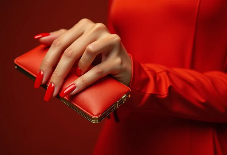 Unhas vermelhas impecáveis segurando clutch dourada