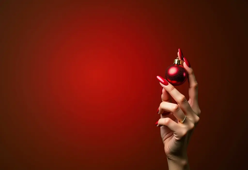 Unhas vermelhas natalinas com glitter dourado.