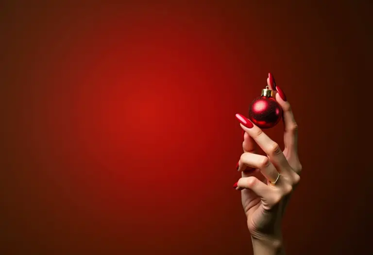 Unhas vermelhas natalinas com glitter dourado.