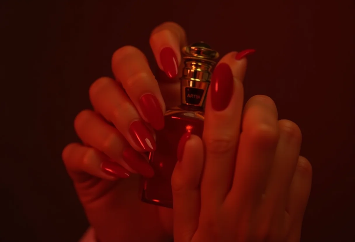 Unhas vermelhas OPI segurando frasco de perfume.