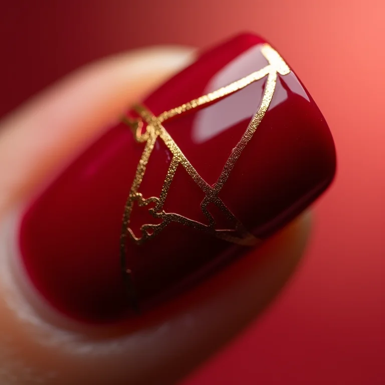 Unhas vermelho escuro com desenhos geométricos dourados