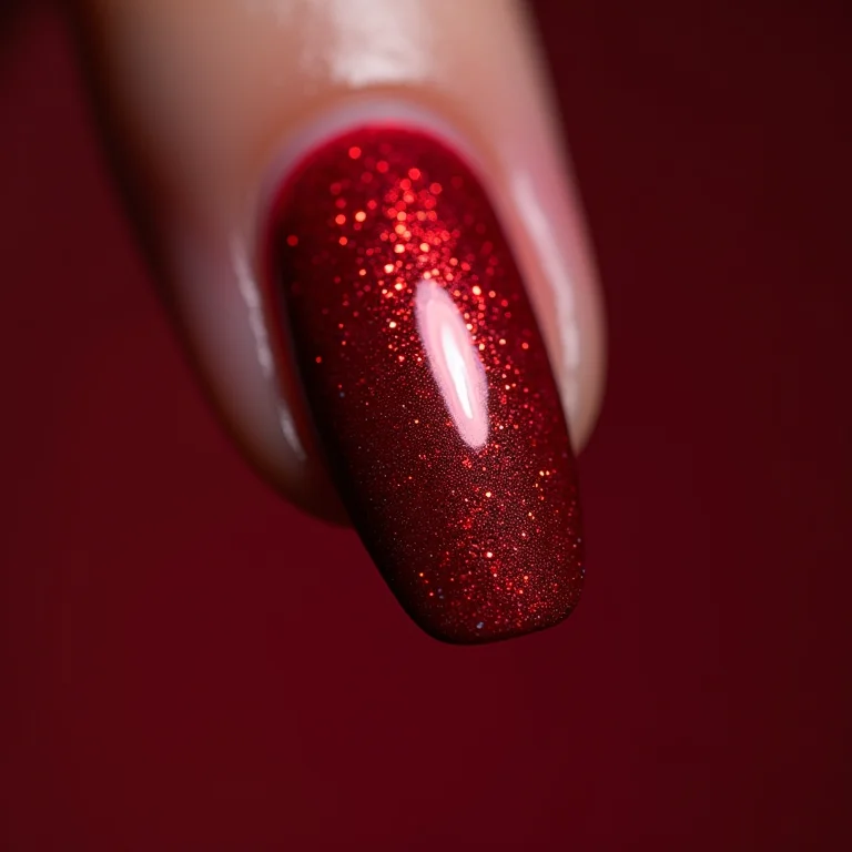 Unhas vermelho escuro com glitter holográfico