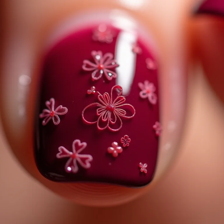 Unhas vinho com adesivos delicados