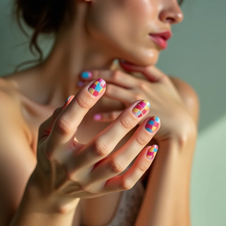Unhas xadrez coloridas em tons pastel
