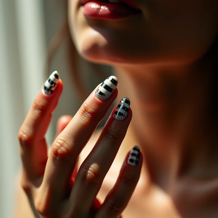 Unhas xadrez com detalhes em glitter