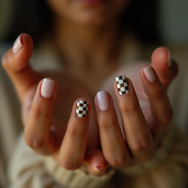 Unhas xadrez minimalistas com linhas delicadas