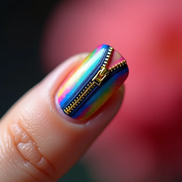 Unhas zipper coloridas em close extremo