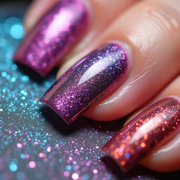Variedade de esmaltes com glitter em diferentes cores e texturas.