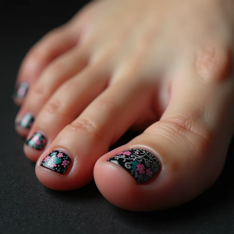 Variedade de estilos de unhas decoradas nos pés