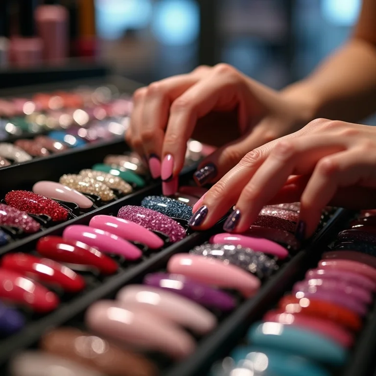 Variedade de produtos para unhas com joias em loja